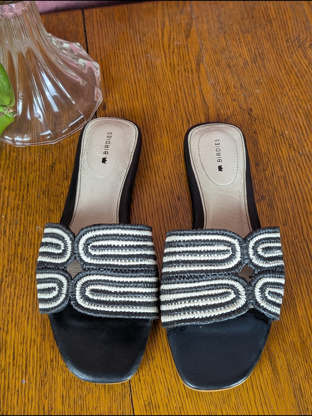 Birdies Women’s Black & White Woven Slide Sandals Size 7 Designer Raffia Flat Sa